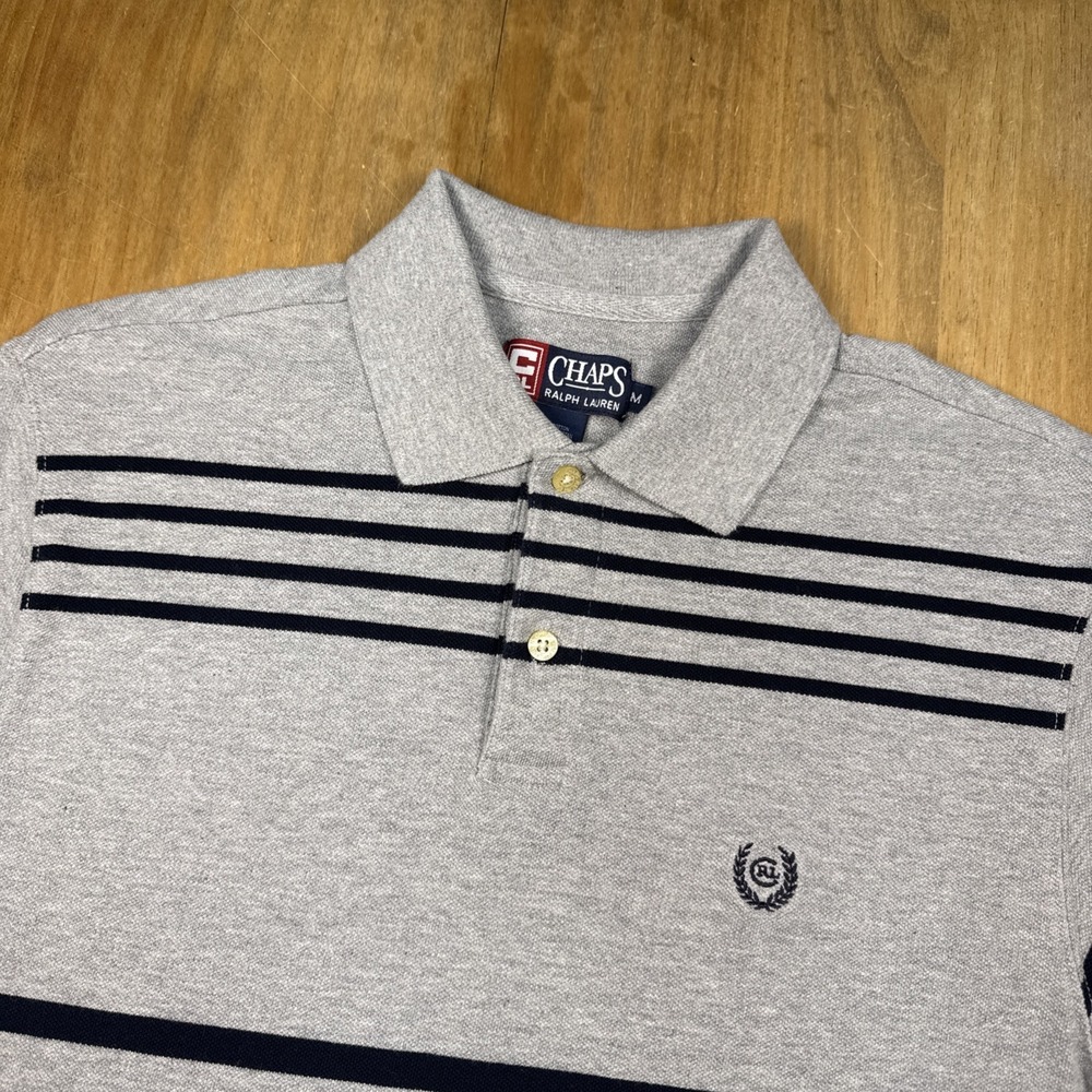Vintage Chaps Ralph Lauren Short Sleeve Pique Polo Shirt Mens M Gray Striped